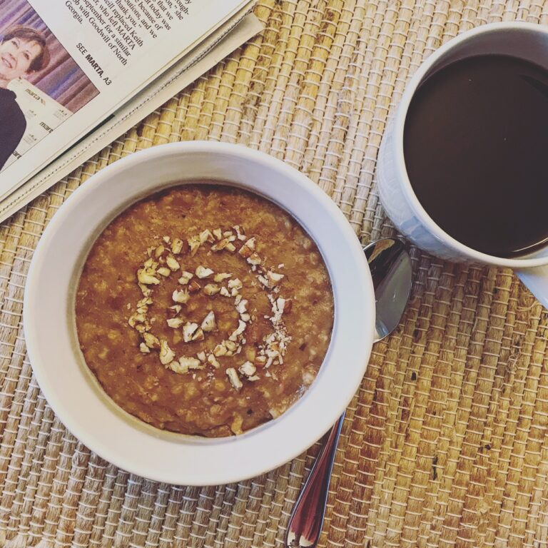 overhead image of oatmeal and coffee
