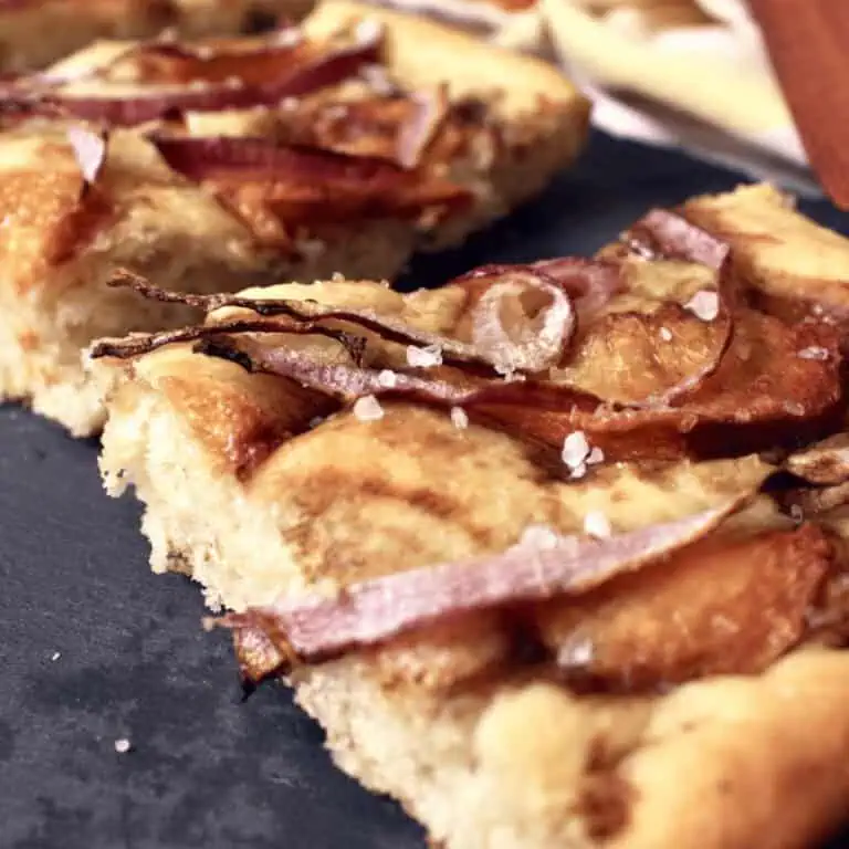closeup of focaccia slices and red onion and peach topping on serving dish