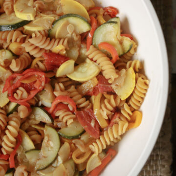 serving bowl with balsamic veggie pasta
