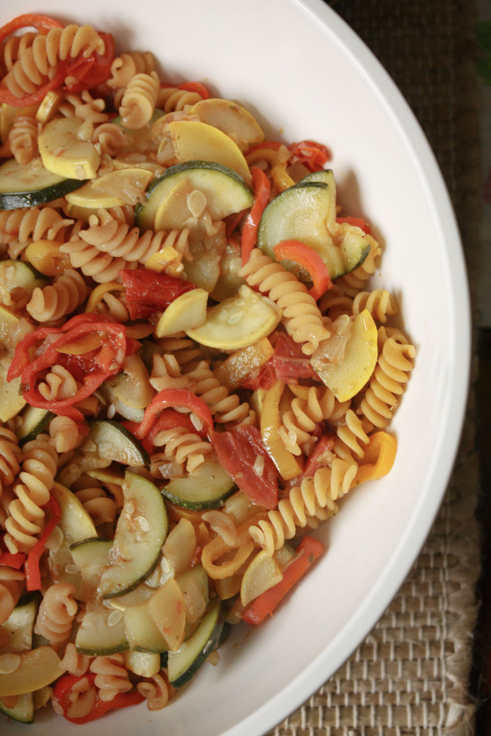 serving bowl with balsamic veggie pasta