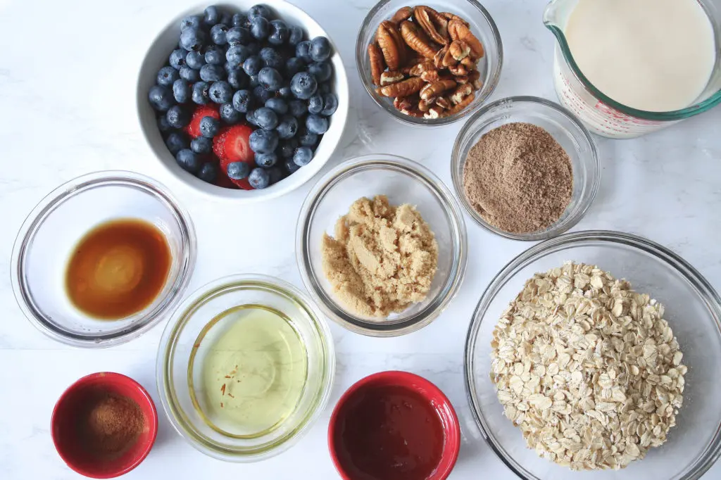 Flatlay of baked oatmeal ingredients | hearth health happiness