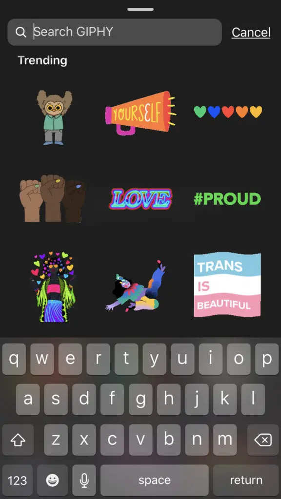 Screenshot of GIF section within Instagram Stories | hearth health happiness