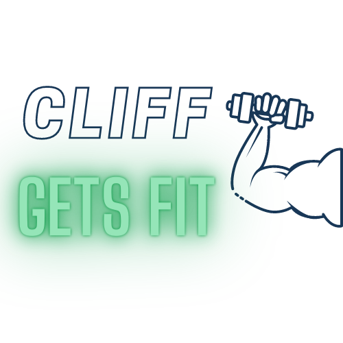cliff gets fit text with cartoon arm and dumbbell | lifestyle | hearth health happiness
