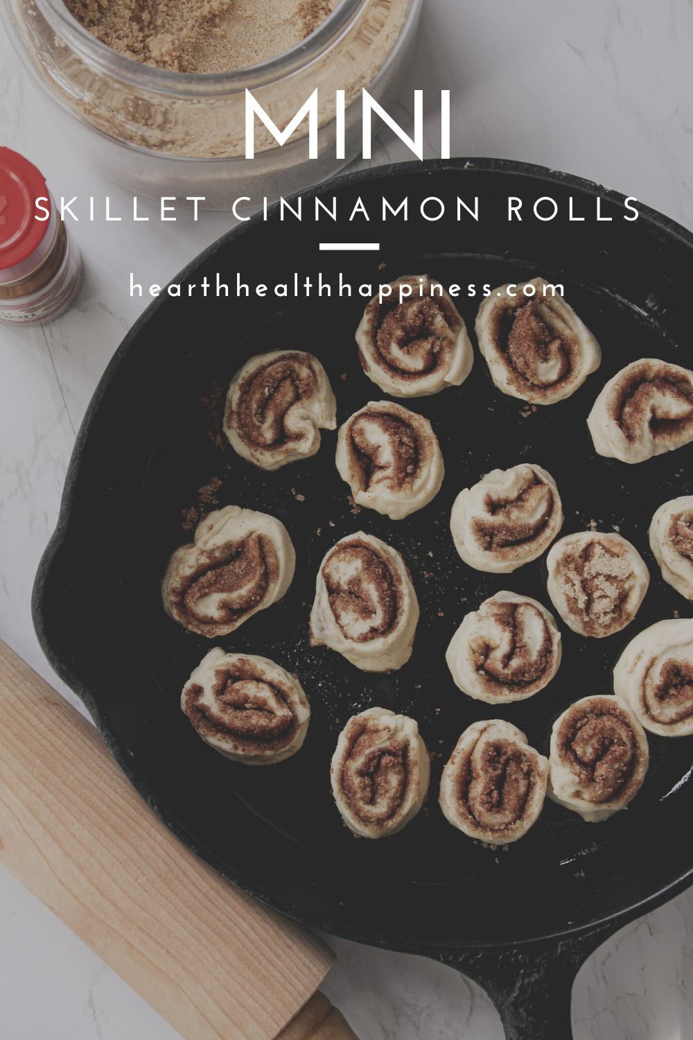 overhead image of mini cinnamon rolls for pinterest pin | hearth health happiness