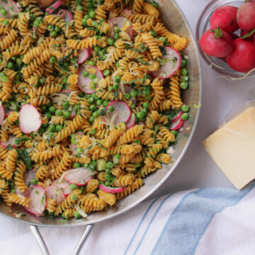 pasta in skillet on counter | hearth health happiness