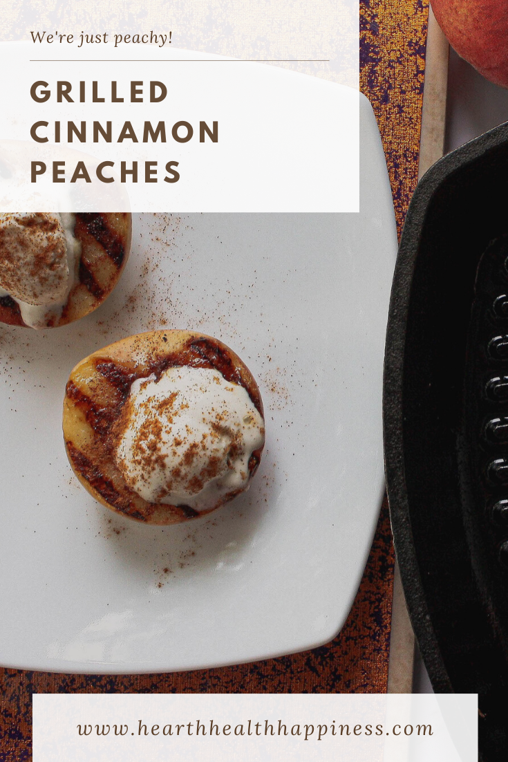 overhead image of grilled peaches with scoop of vanilla ice cream on top | food blog | hearth health happiness