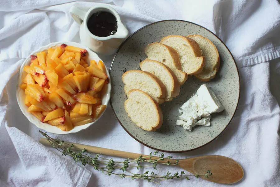 overhead image of peach crostini ingredients