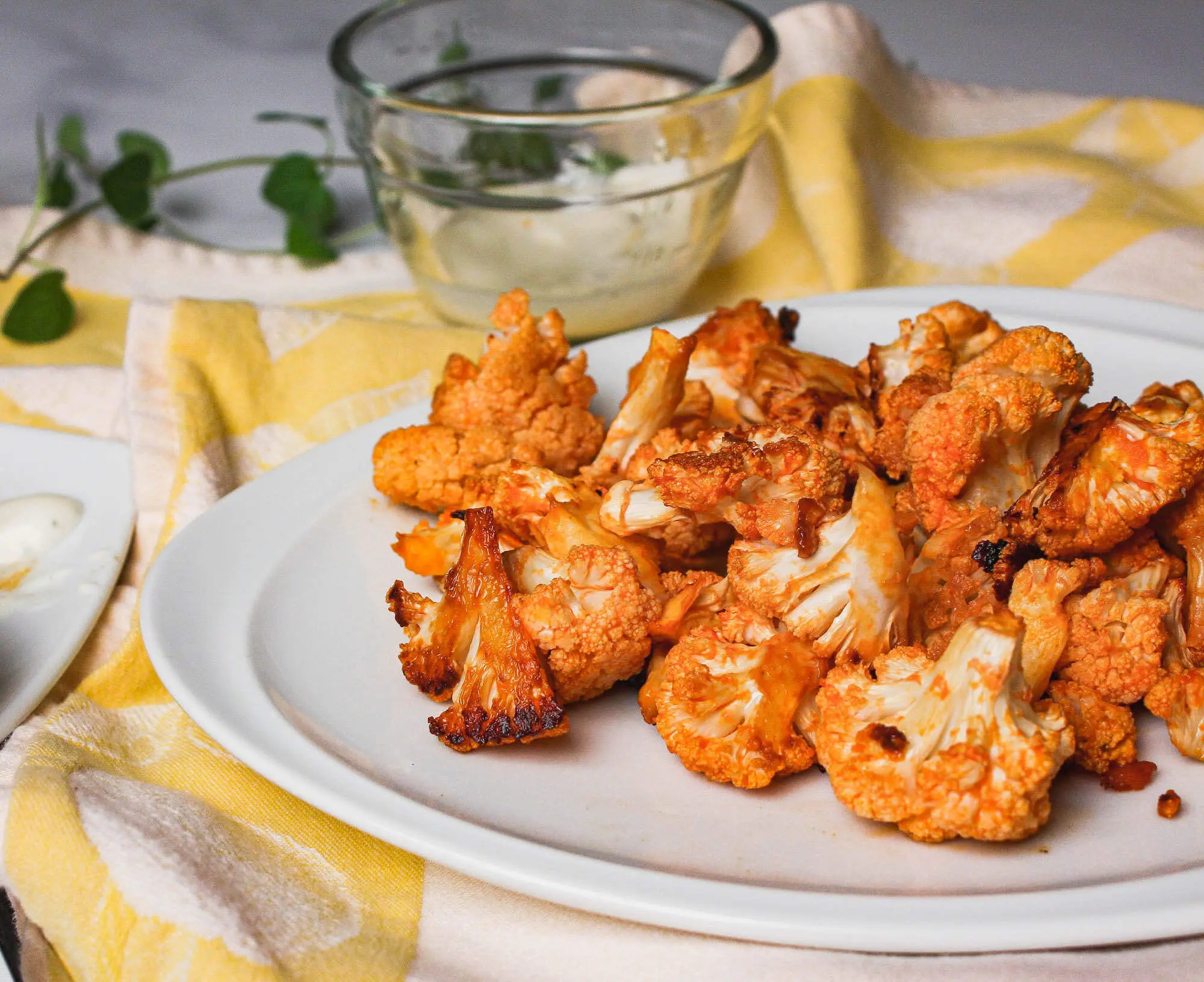 side image of buffalo cauliflower bites on plate