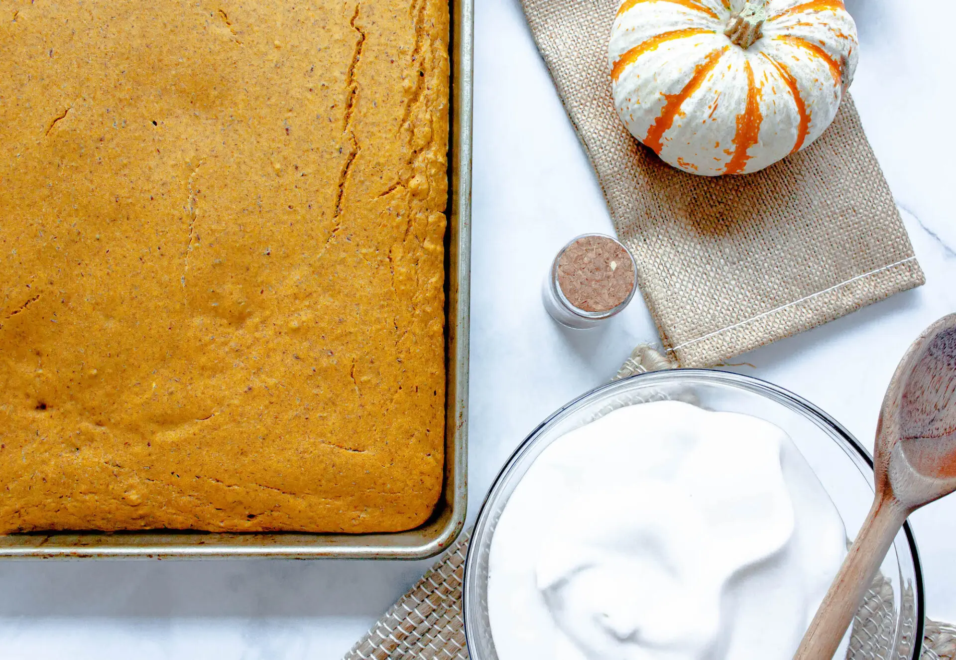 overhead image of pumpkin spice sheet pan pancakes | hearth health happiness