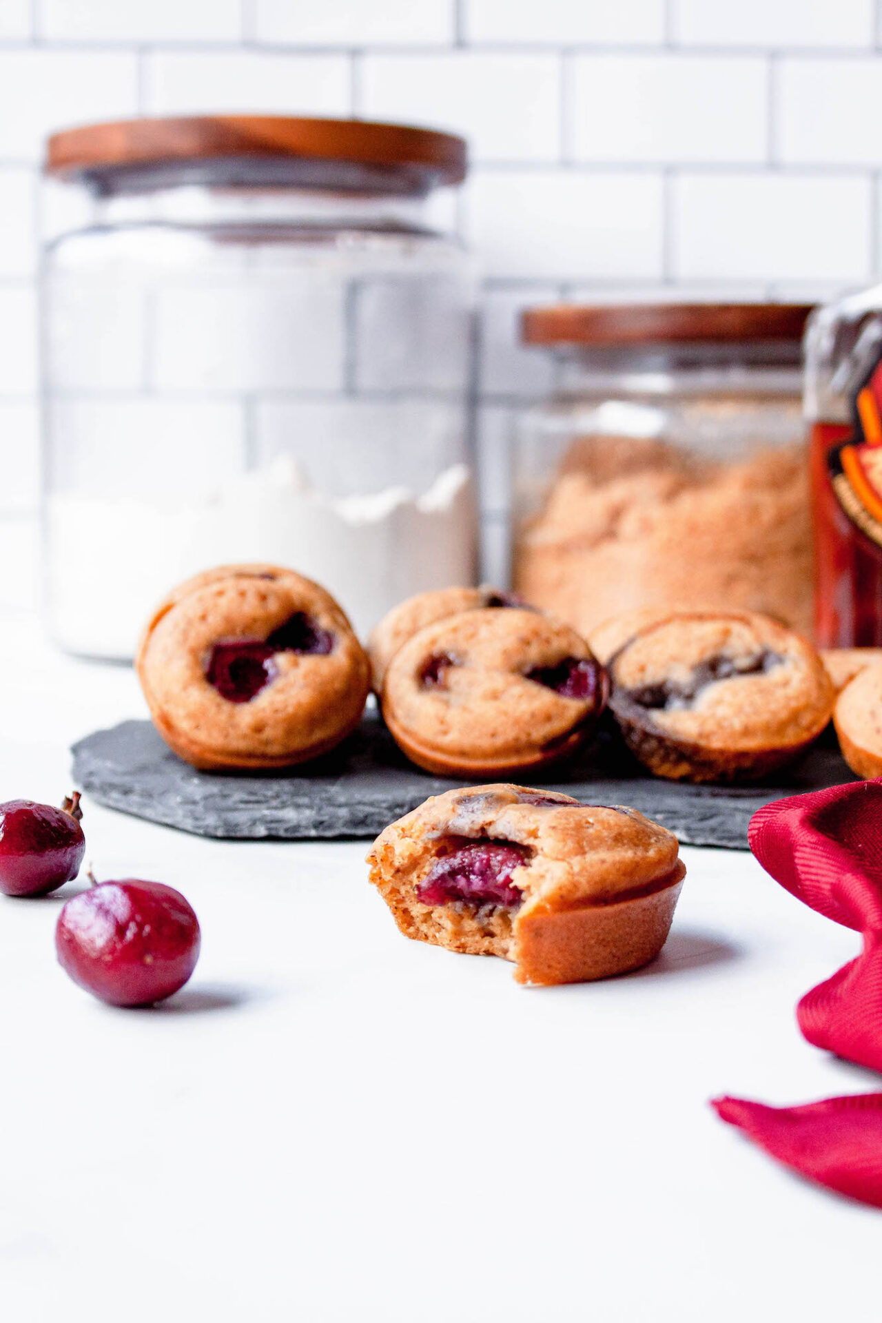 cherry mini pancakes on counter