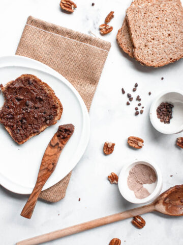 overhead image of chocolate pecan butter on toast | flexatarian recipe