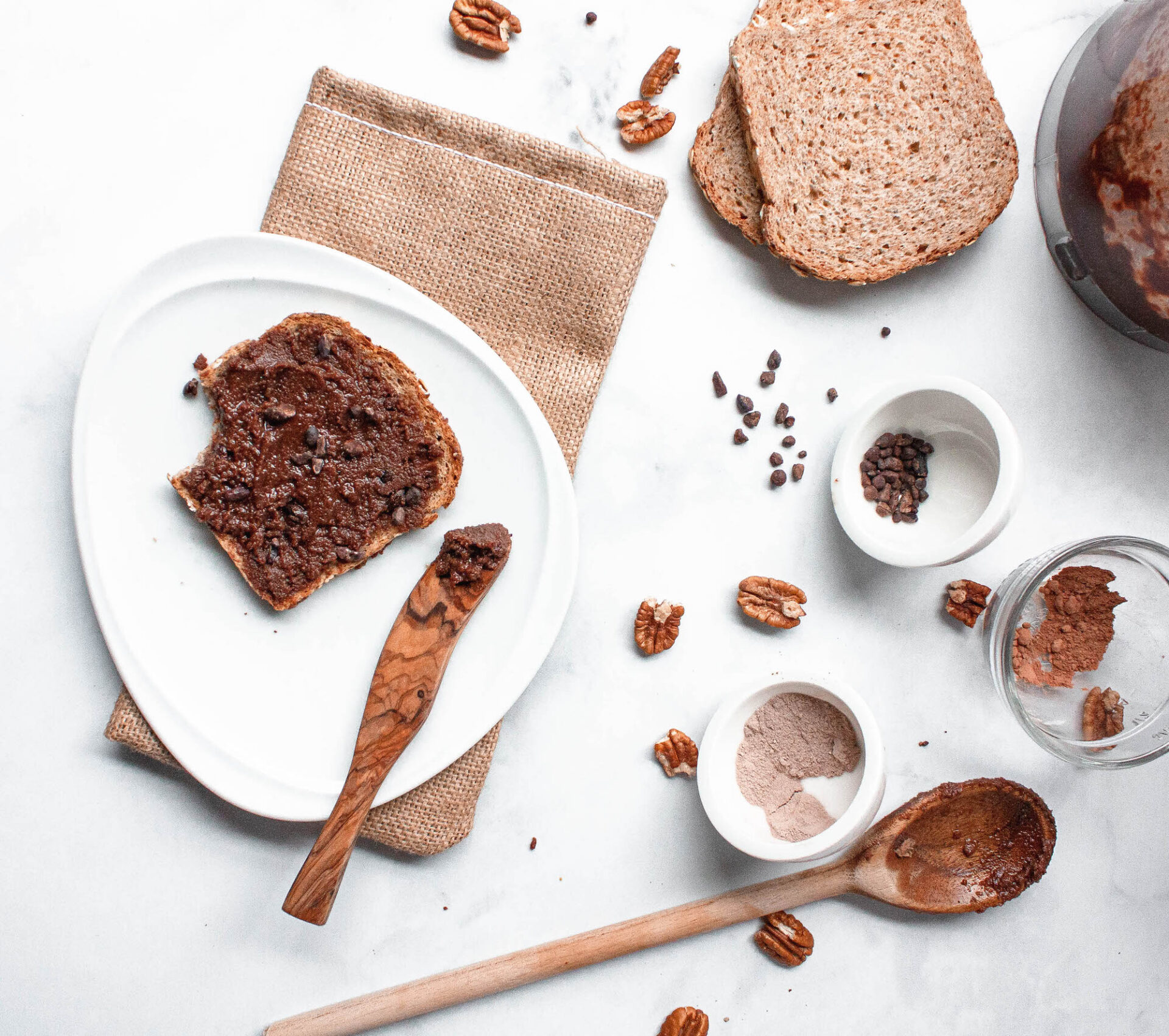 overhead image of chocolate pecan butter on toast | flexatarian recipe