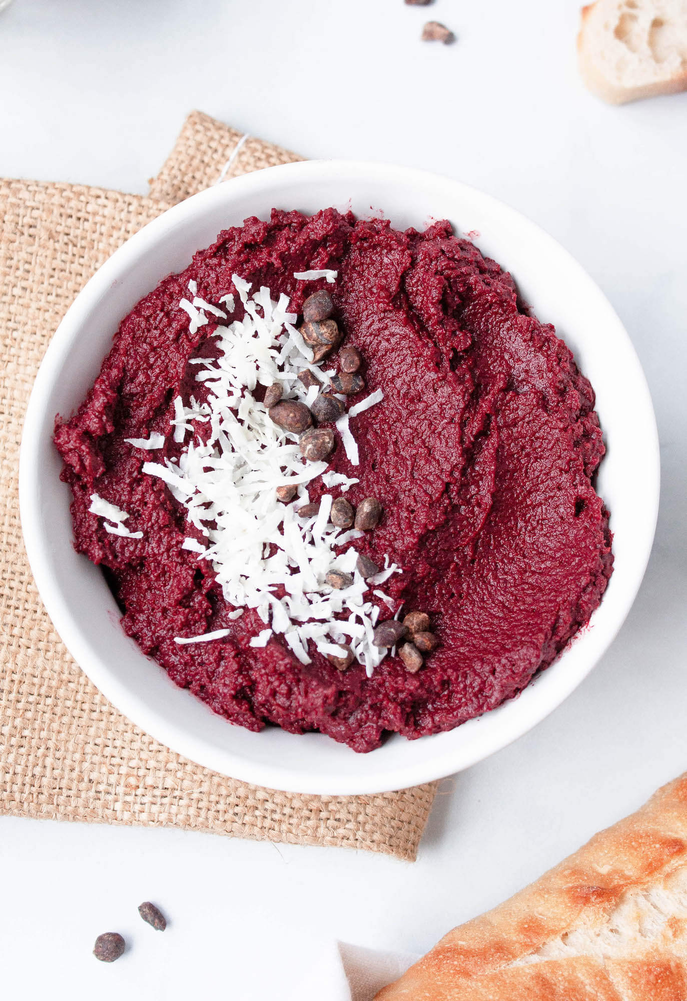 dessert roasted beet hummus in bowl with toppings | hearth health happiness