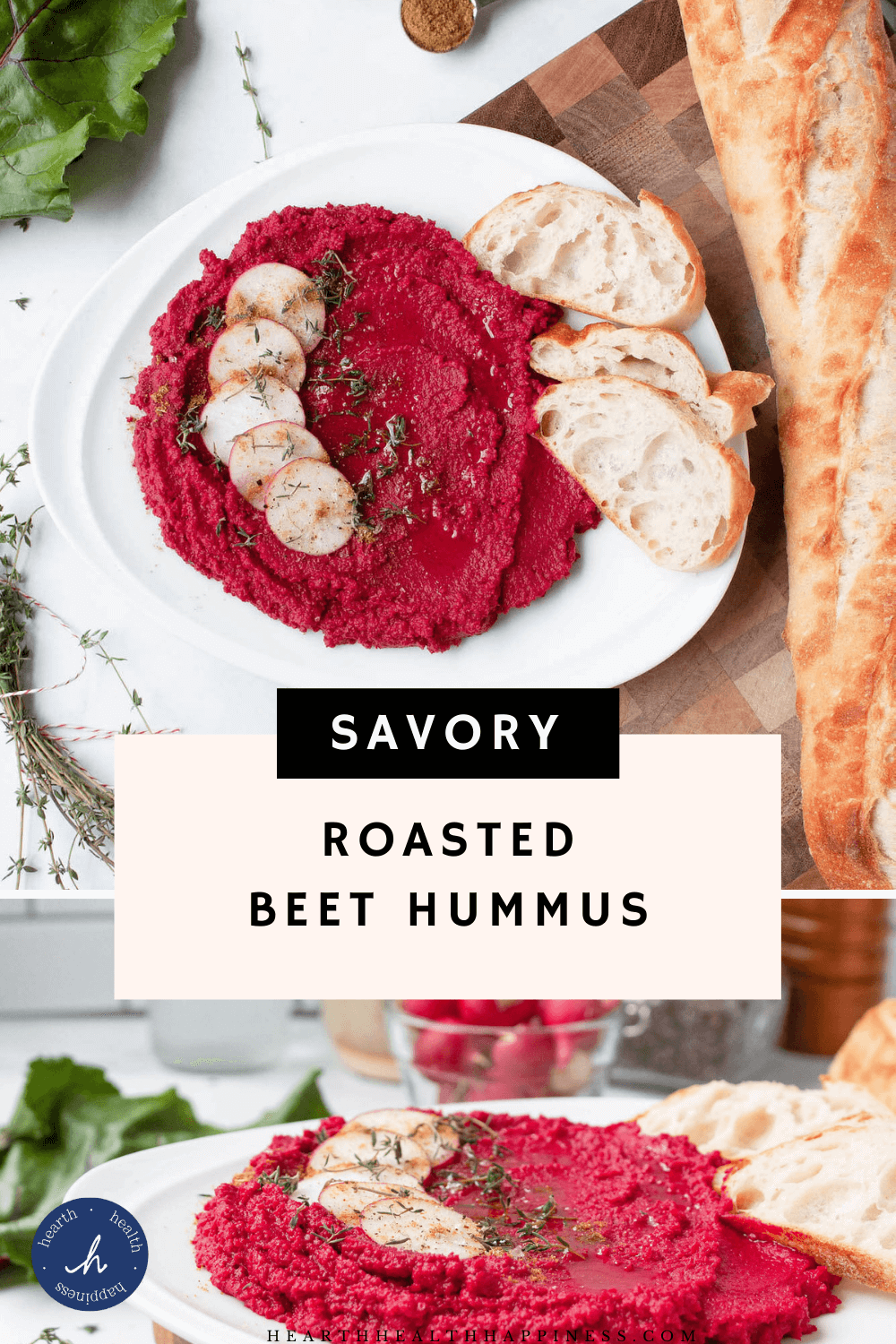 savory roasted beet hummus pin | hearth health happiness