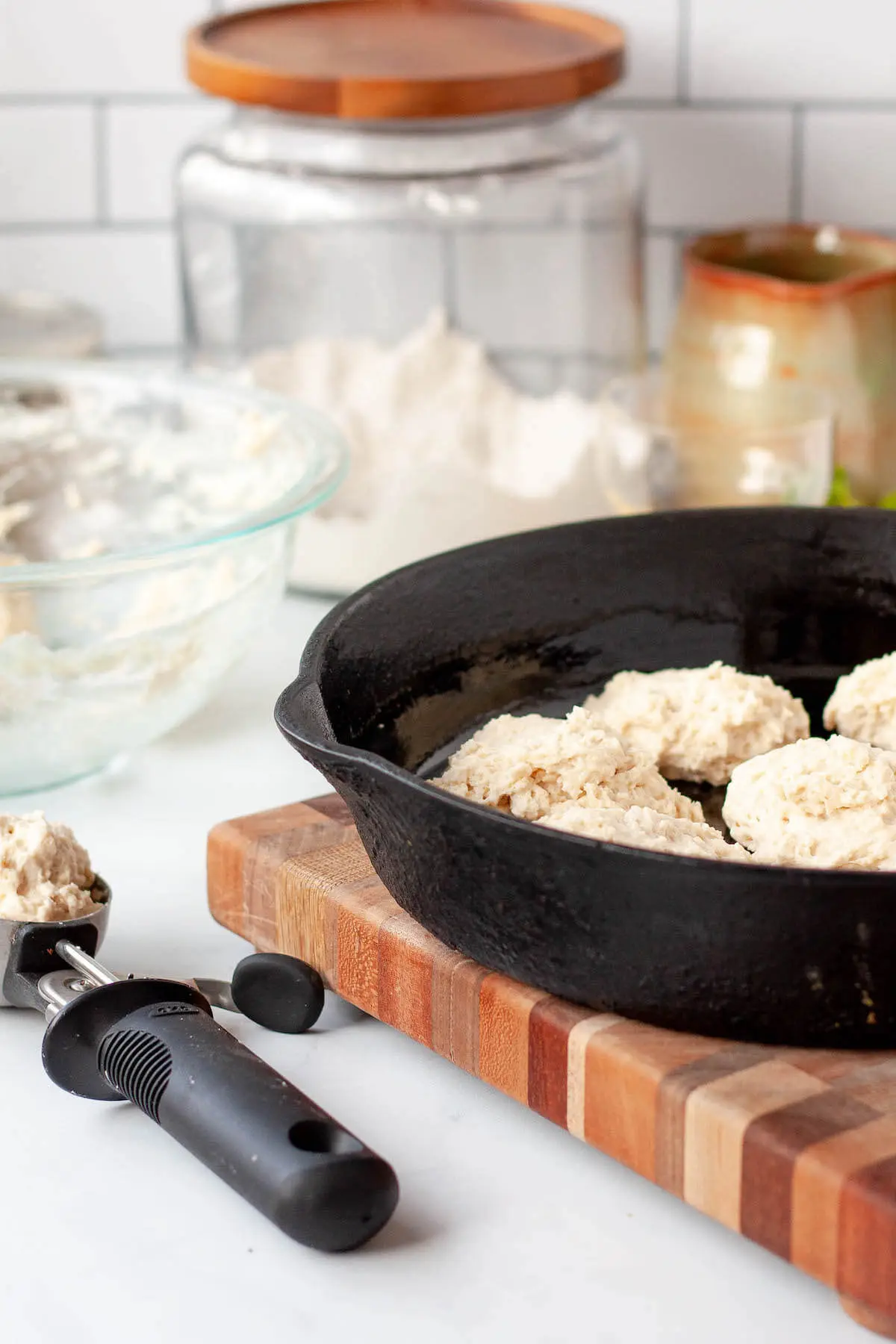 beer biscuit dough in cast iron skillet