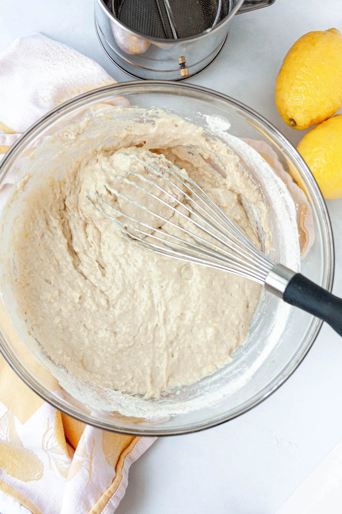 wet and dry ingredients whisked together into vegan pancake dough