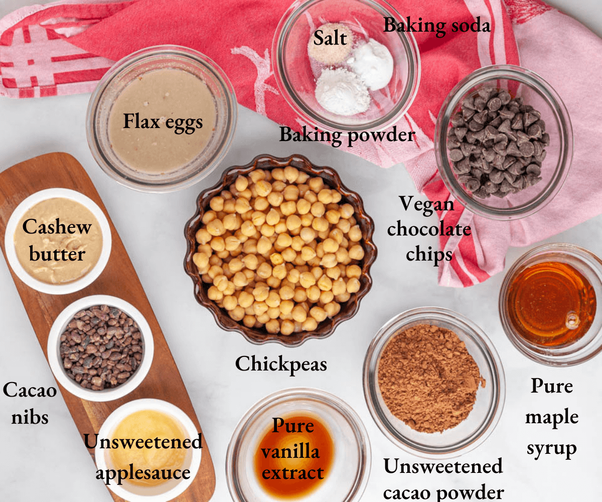 chickpea brownie bite ingredients organized and labeled on table