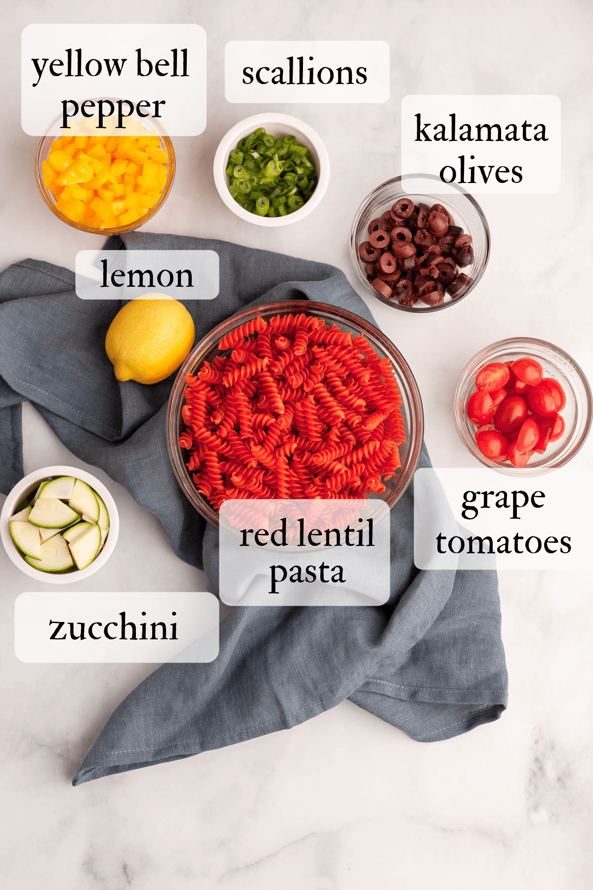 red lentil pasta salad dry ingredients overhead image