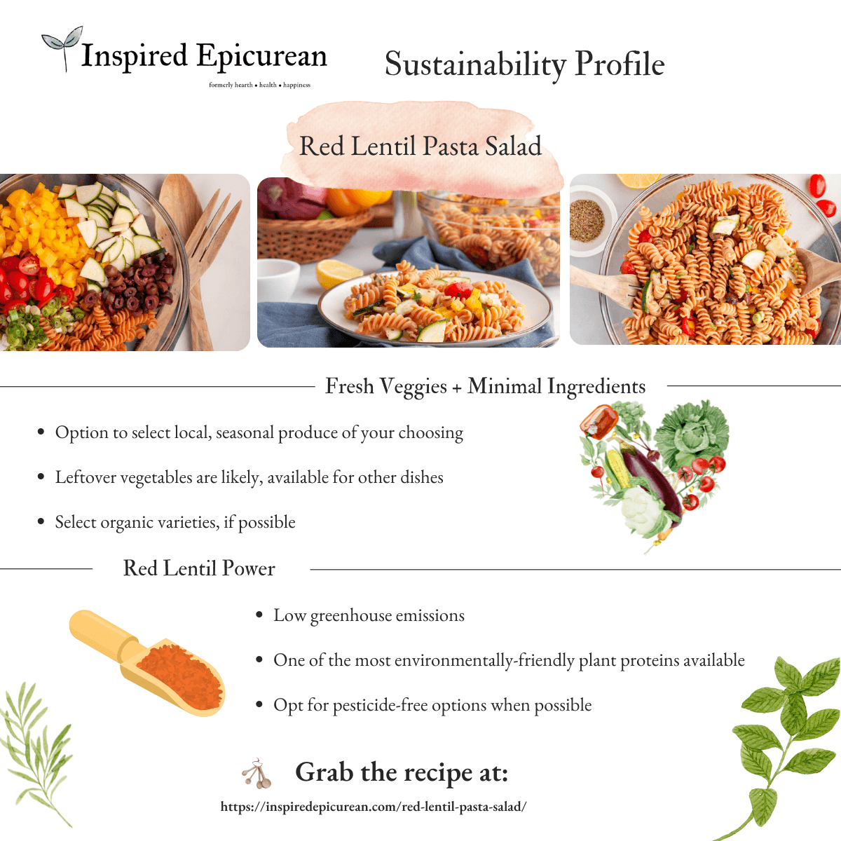 sustainability overview of red lentil pasta salad with images