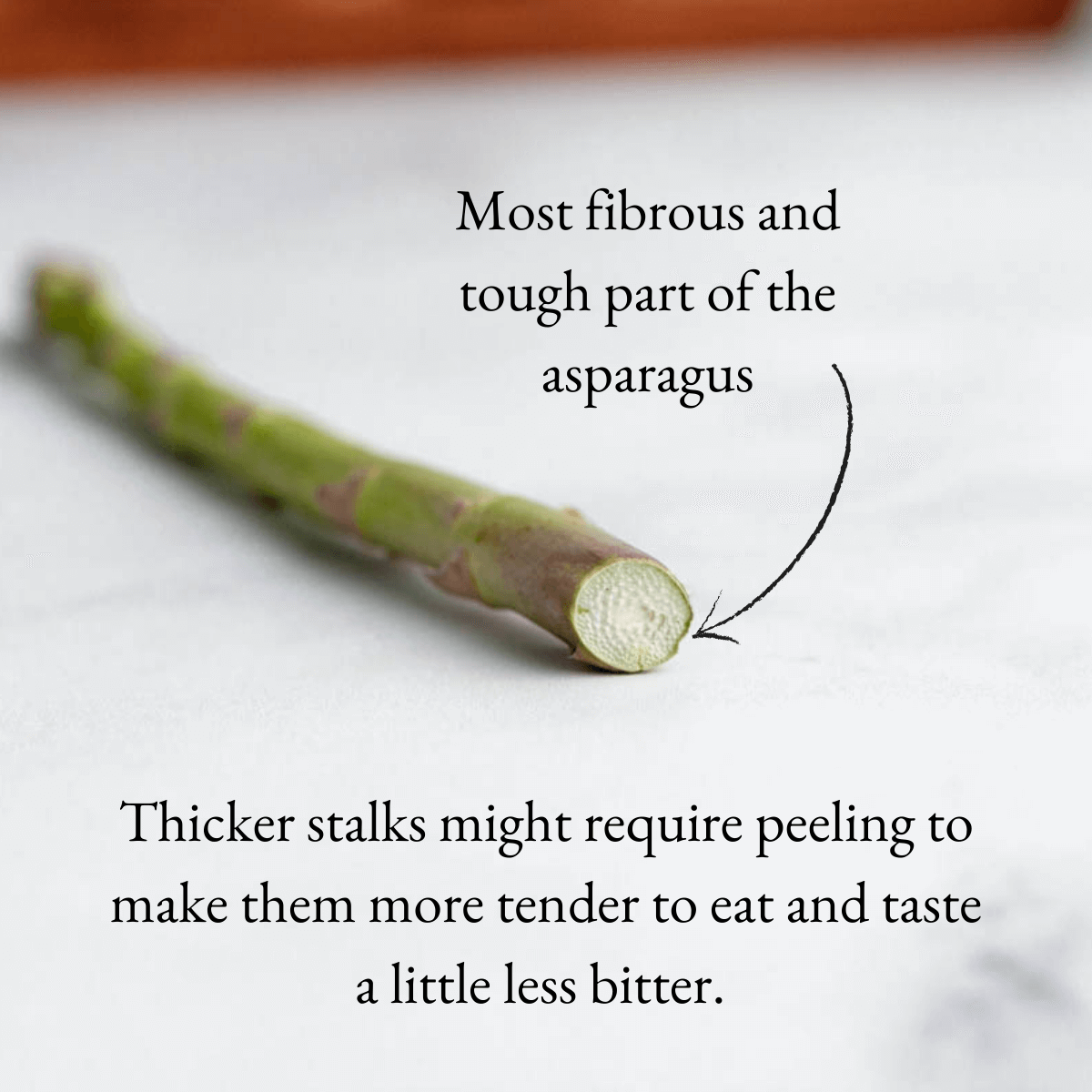 close-up image of asparagus bottom with text overlay explaining the bitter flavor