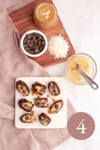 overhead image of peanut butter dates with chocolate chips pressed in peanut butter