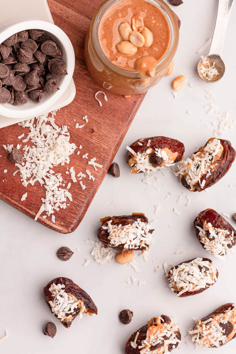 overhead image of peanut butter dates stuffed on counter