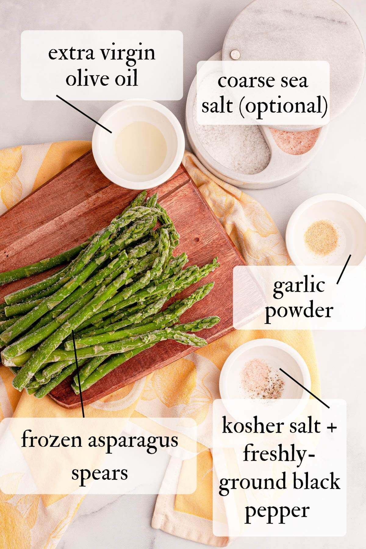 overhead and labeled image of air fryer frozen asparagus ingredients on counter