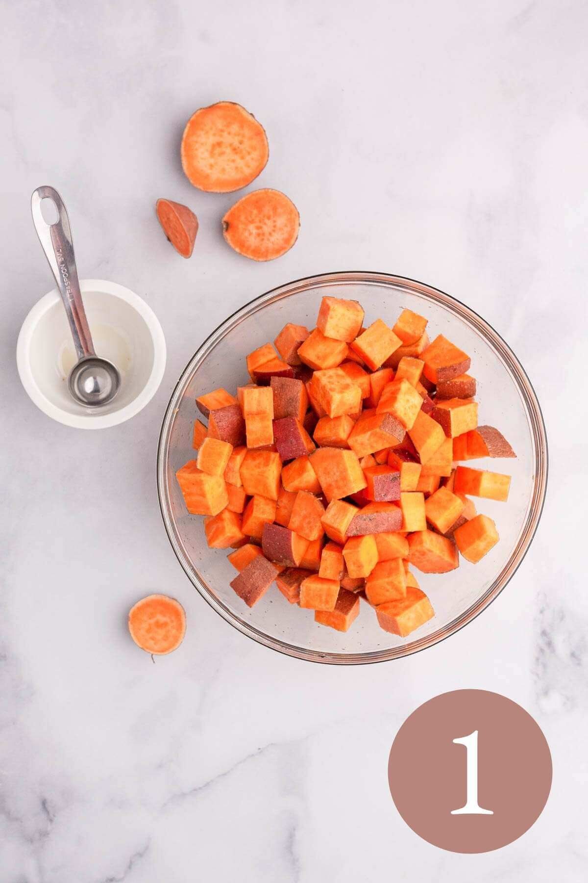 overhead image of diced sweet potato in bowl