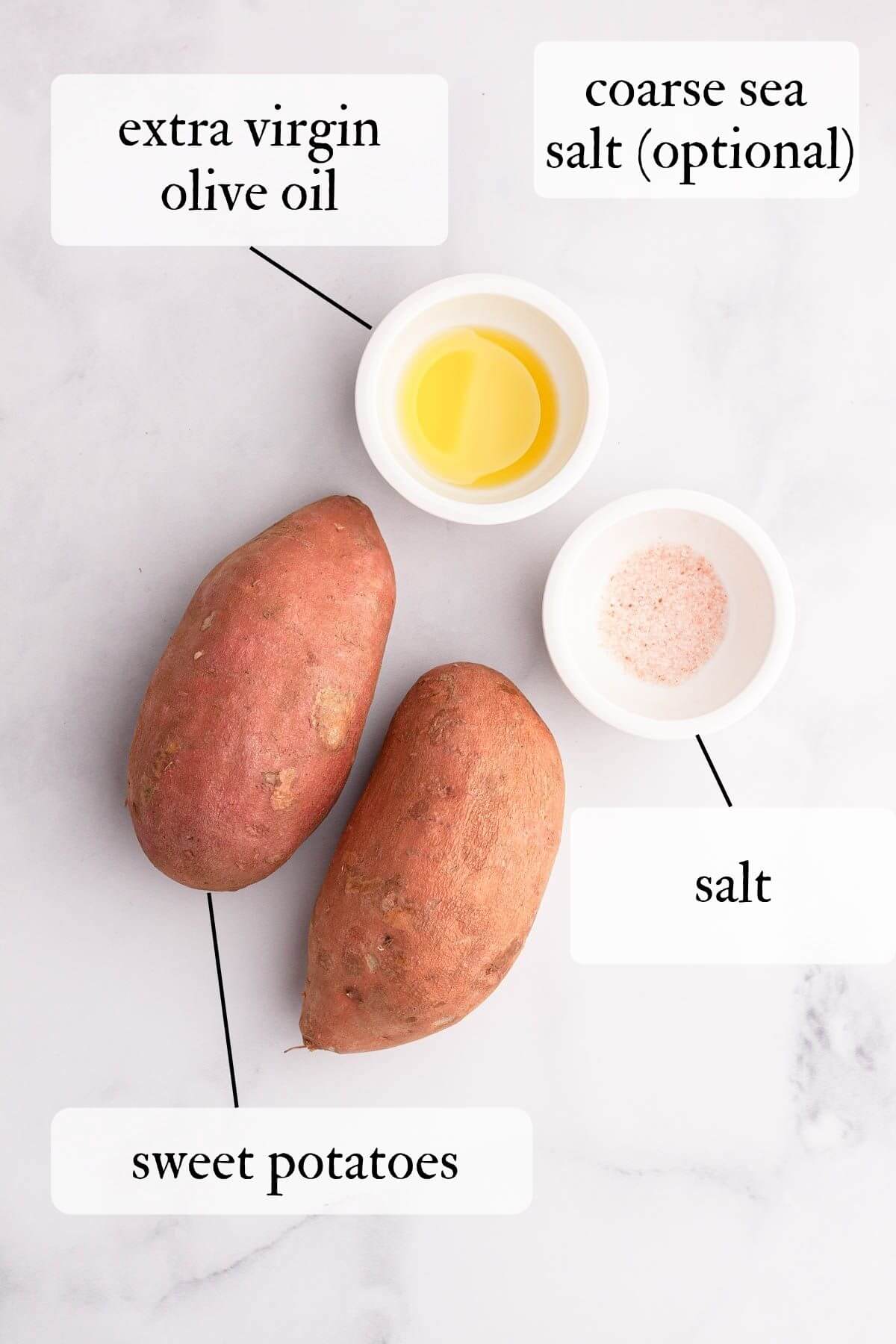 images of sweet potatoes, olive oil, and salt on counter with their names labeled