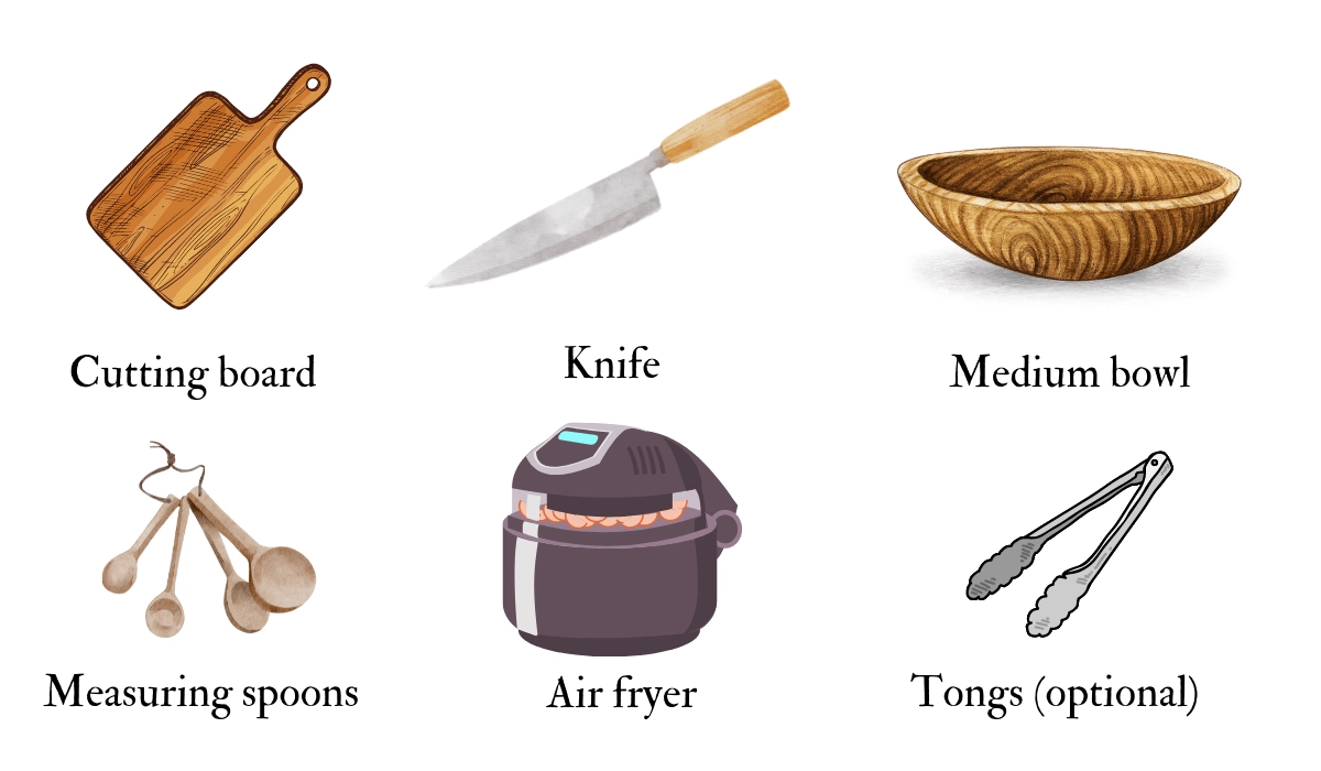 illustrations of the necessary kitchen tools for air fryer sweet potato cubes