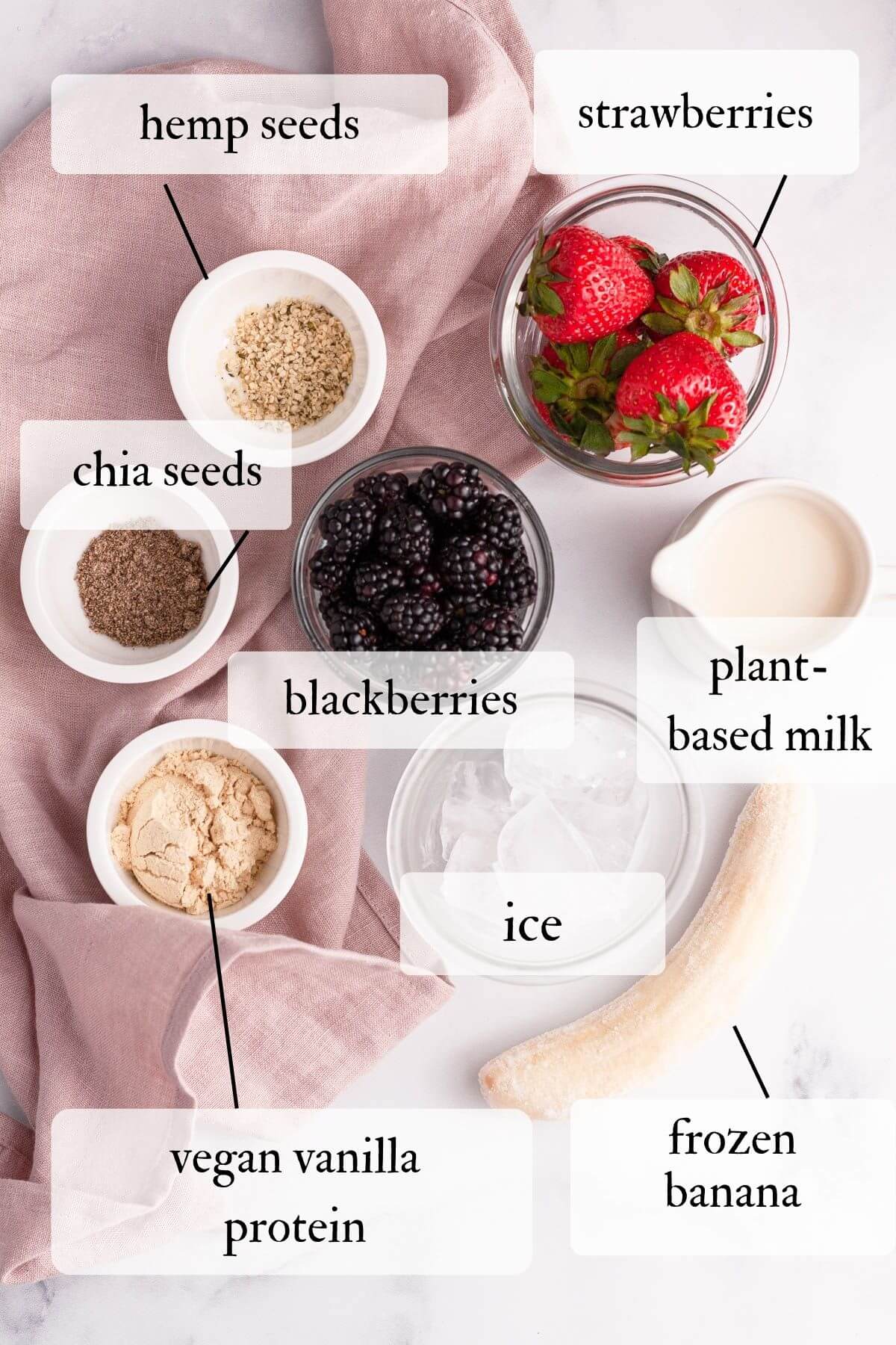 overhead and labeled image of blackberry strawberry banana smoothie ingredients