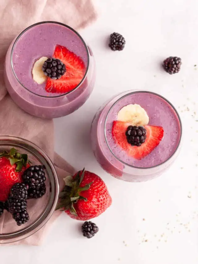 overhead image of blackberry strawberry banana smoothies