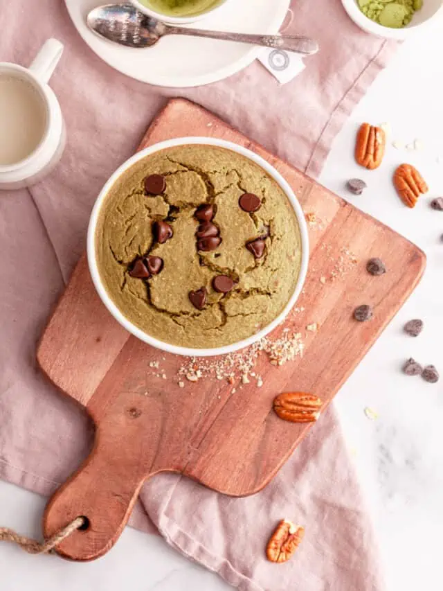 matcha baked oats in ramekin on counter