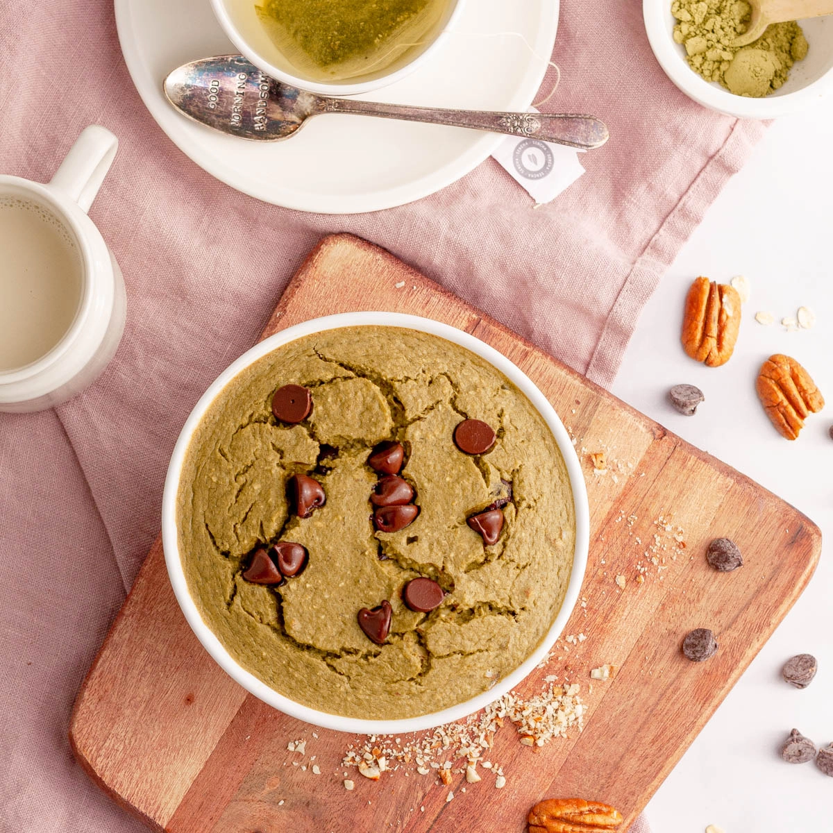 overhead image of matcha baked oats on cutting board
