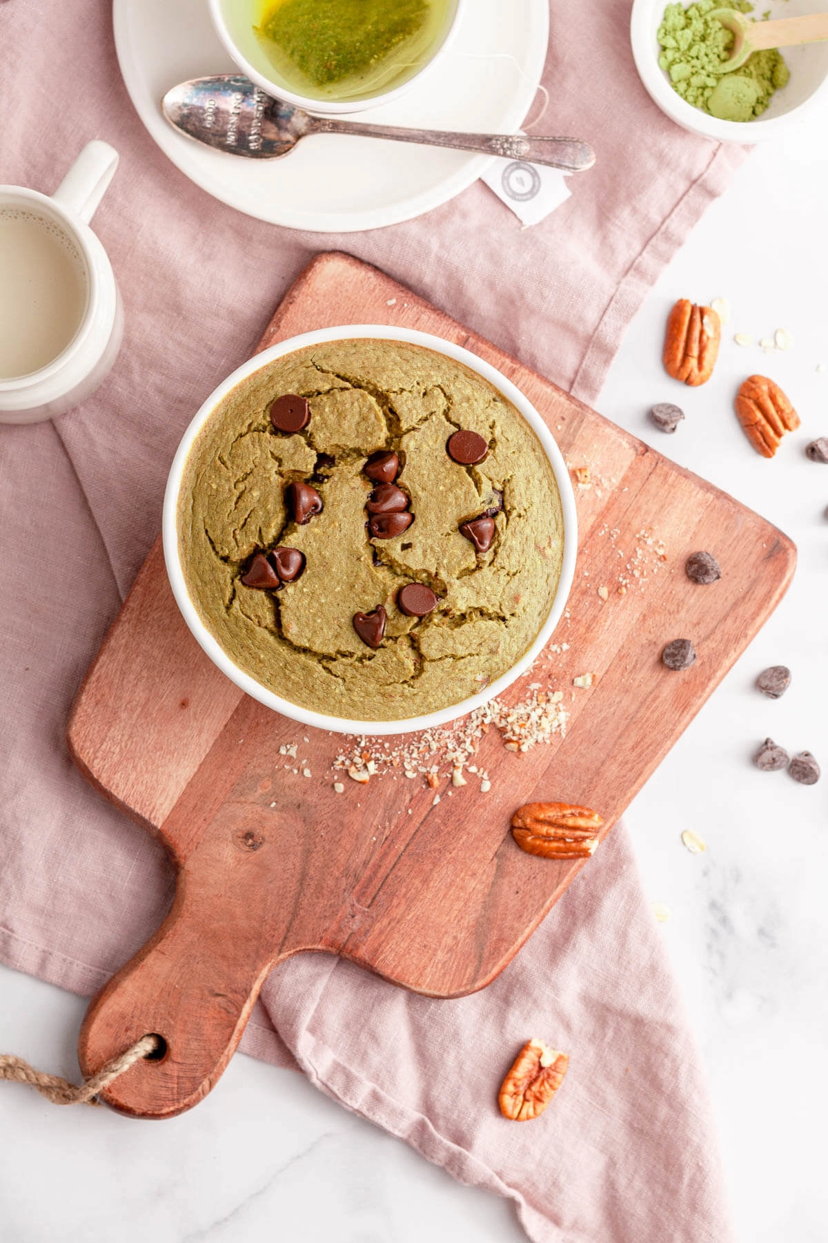 matcha baked oats in ramekin on counter