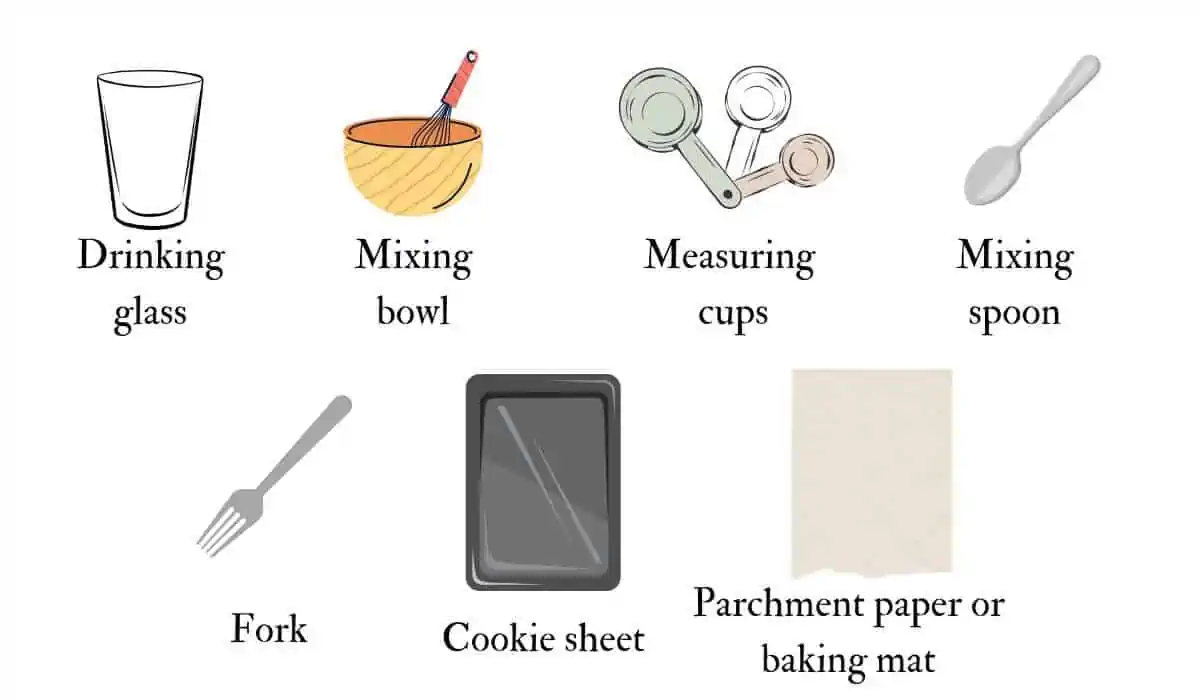 Graphics of equipment needed to make 2 ingredient peanut butter cookies