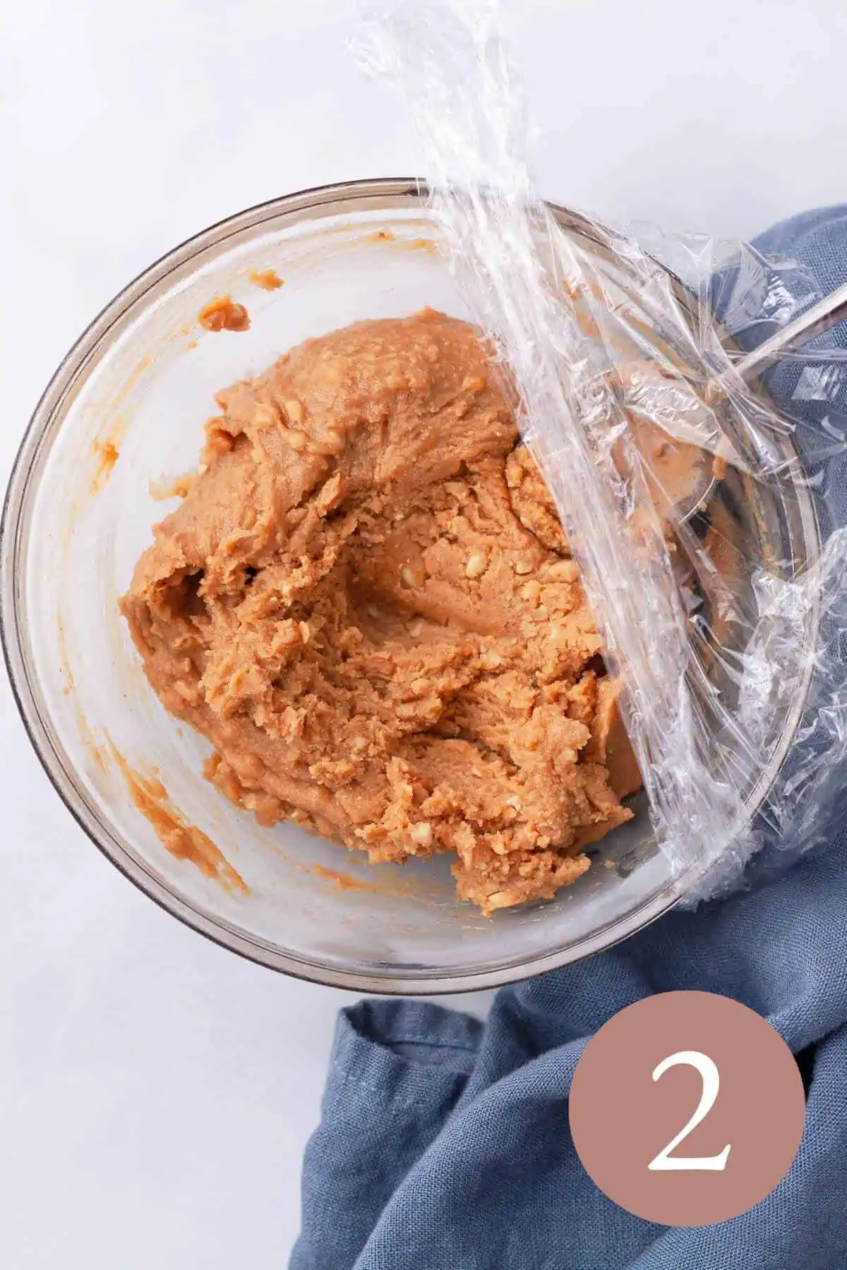 Overhead image of peanut butter cookie dough after being frozen. 