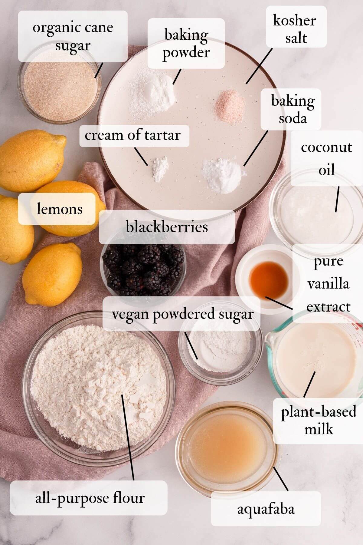 overhead image of blackberry lemon bread ingredients on counter