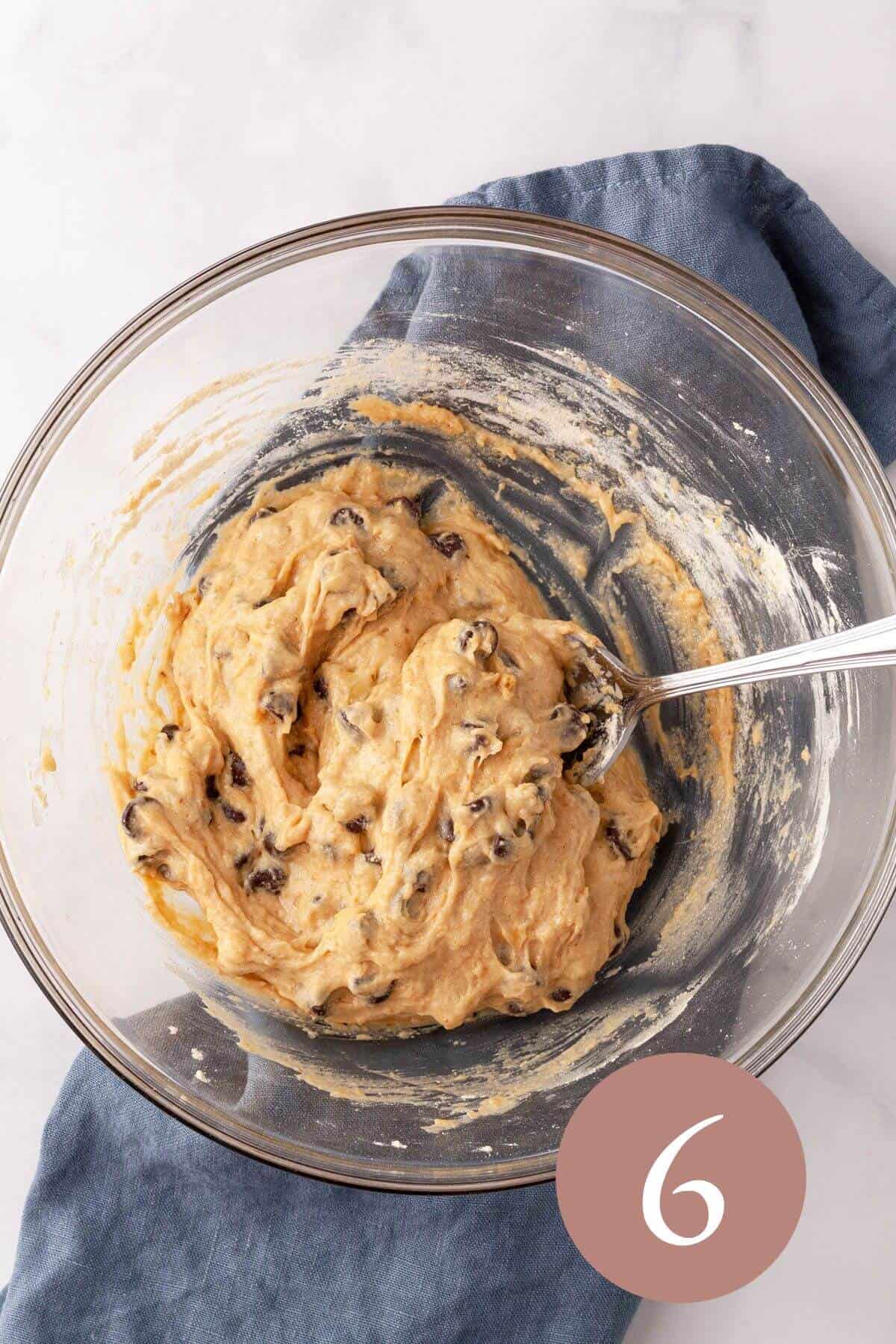 Banana tahini cookie dough with chocolate chips in bowl