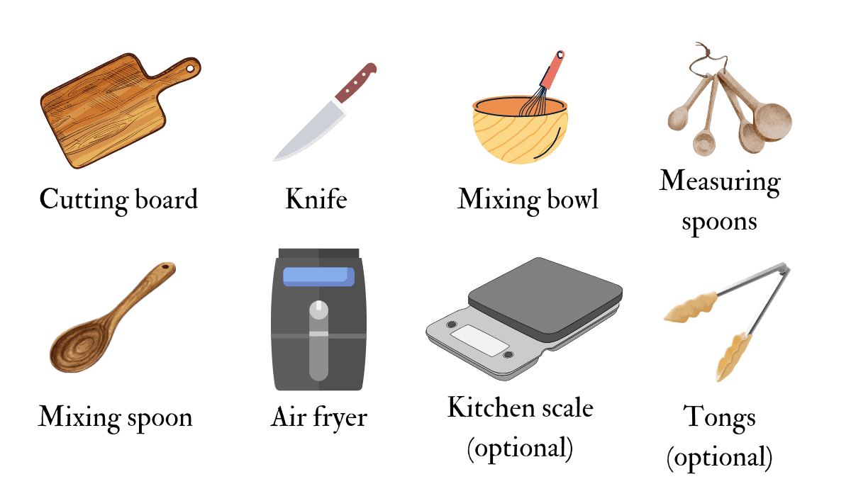 illustrations of each piece of equipment needed to air fry carrots and potatoes