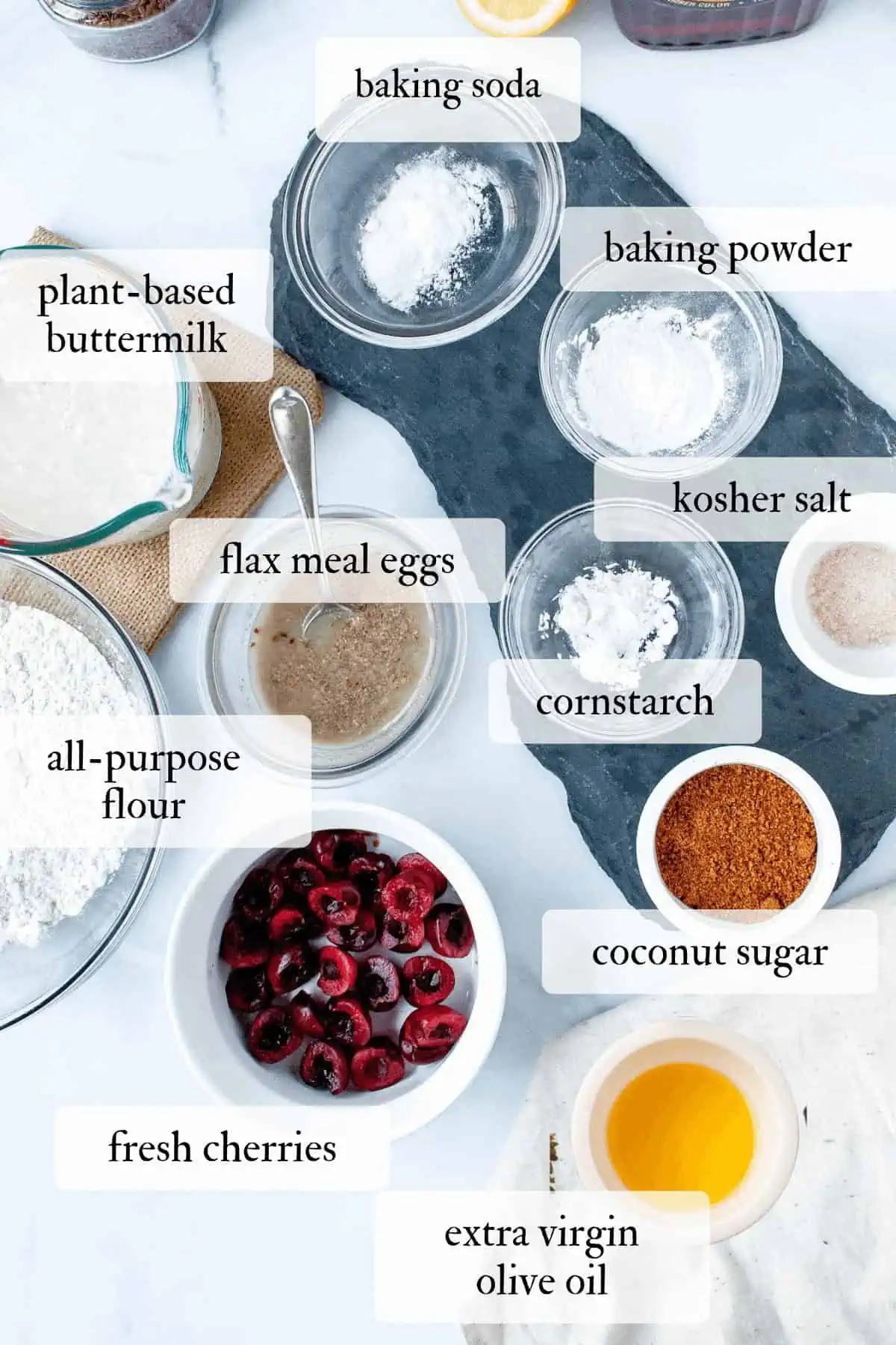 overhead image of cherry mini pancake ingredients on counter with labels