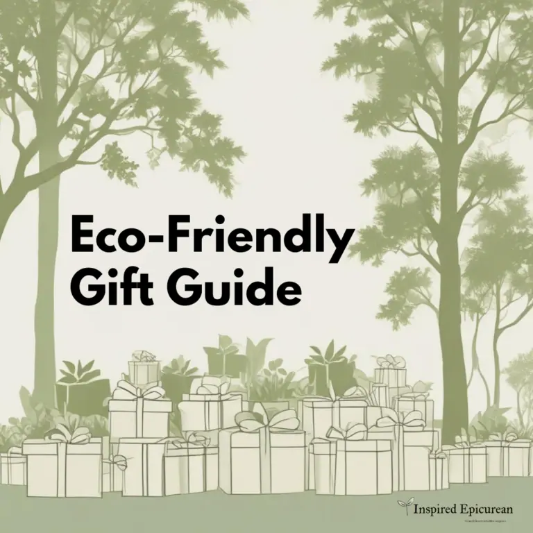 Forest illustration with gifts below a tree canopy and "eco friendly gift guide" title overlay