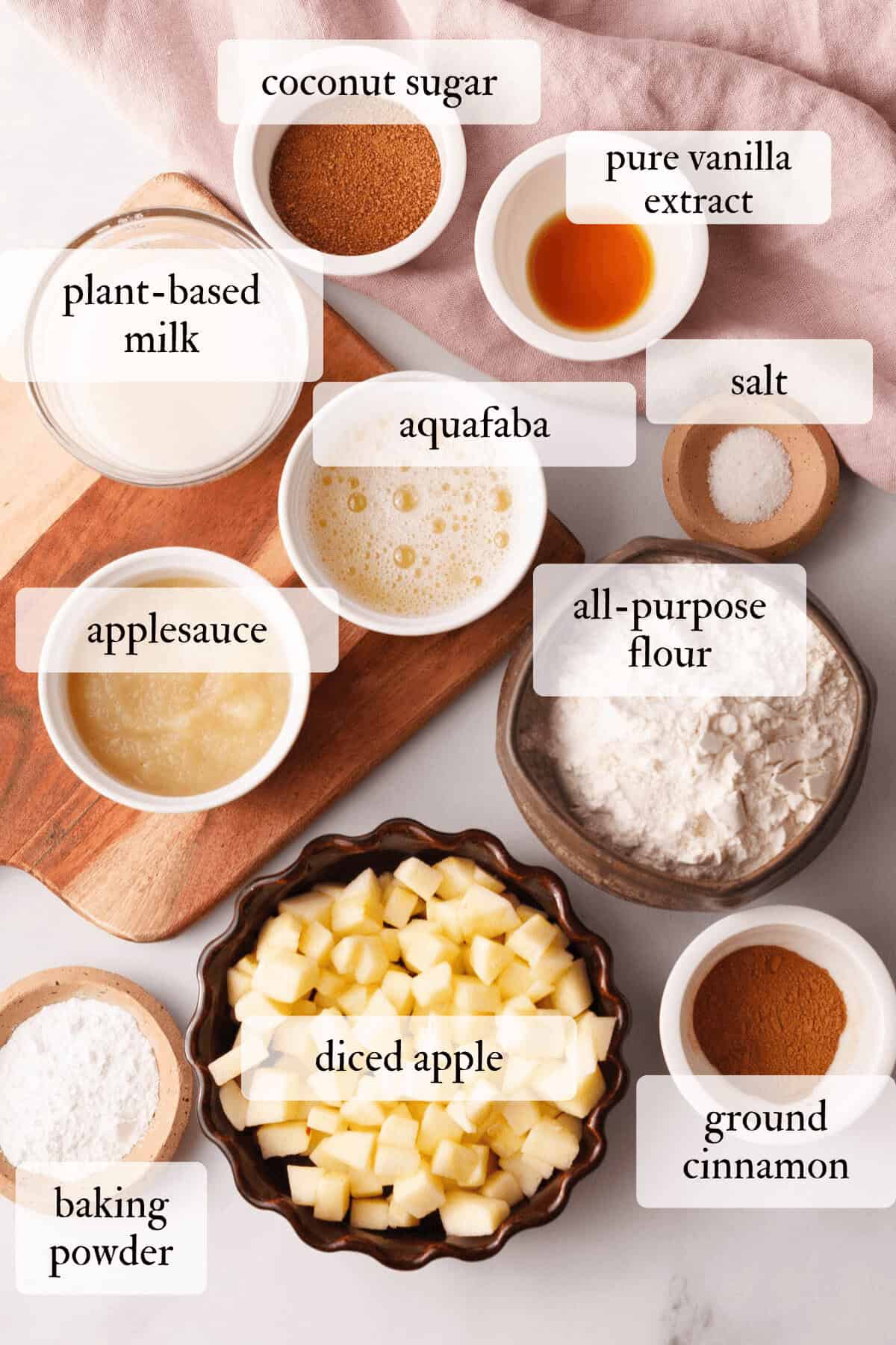 overhead image of applesauce fritter dough ingredients with text labels 