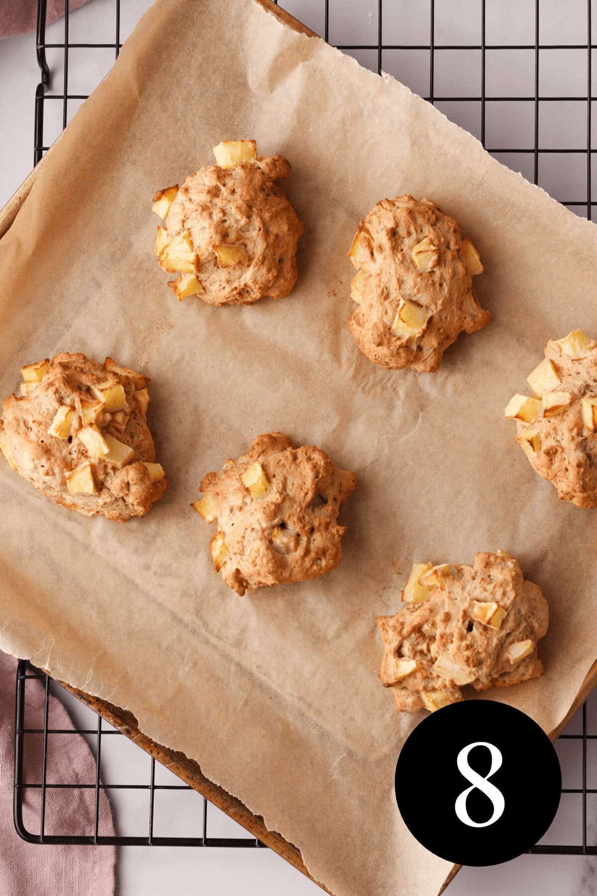 overhead image of baked applesauce fritters on parchment lined baking dish after being removed from air fryer