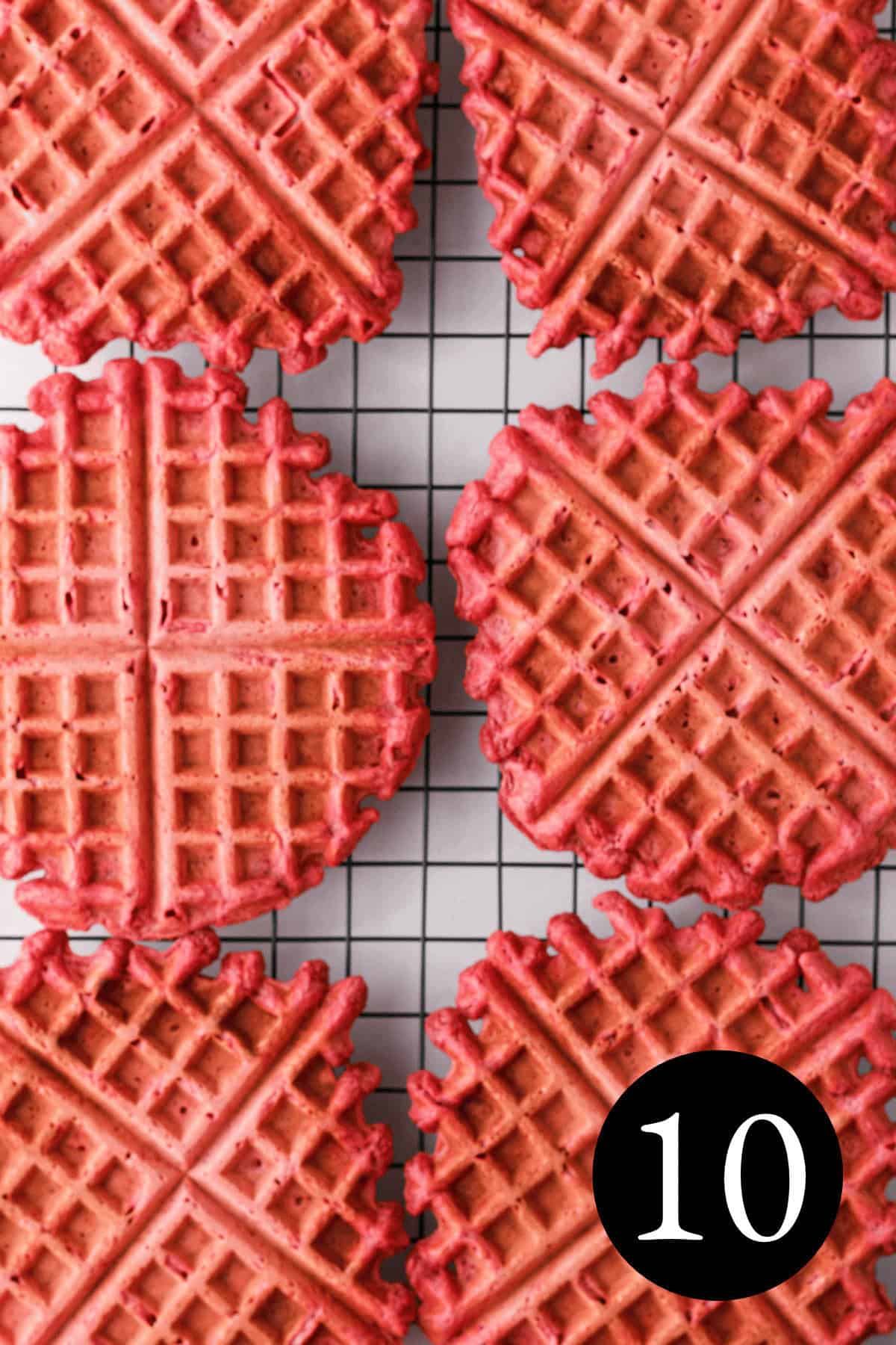 overhead image of beetroot waffles cooling on rack