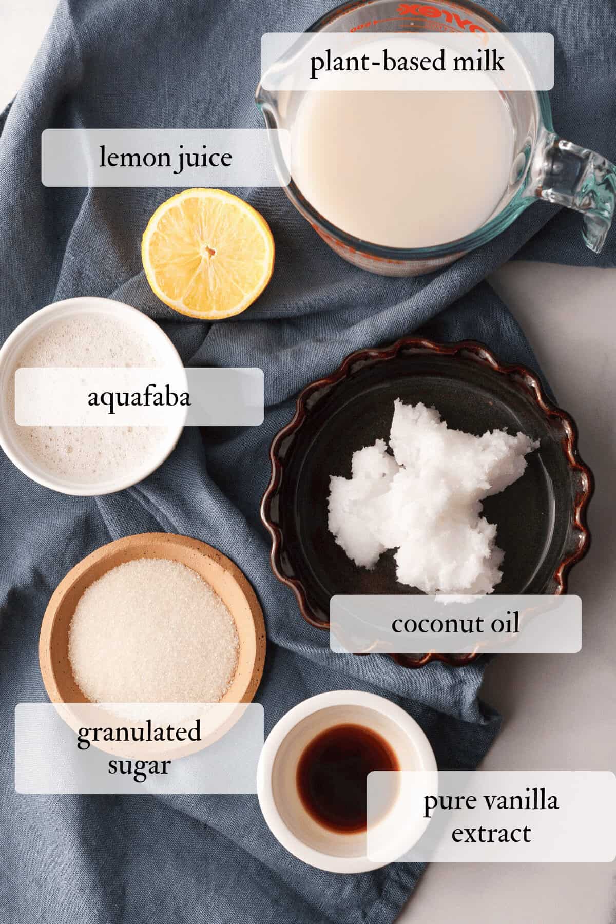 overhead image of wet ingredients on counter with text labels for identification