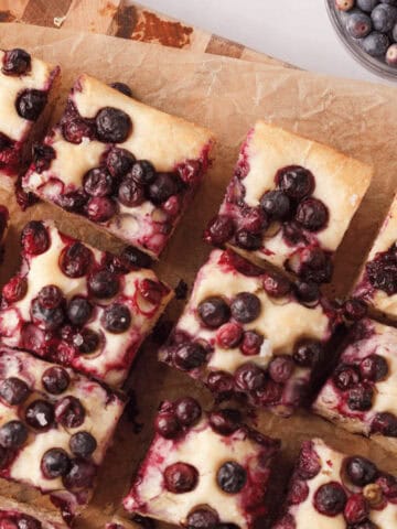 overhead image of sliced blueberry focaccia