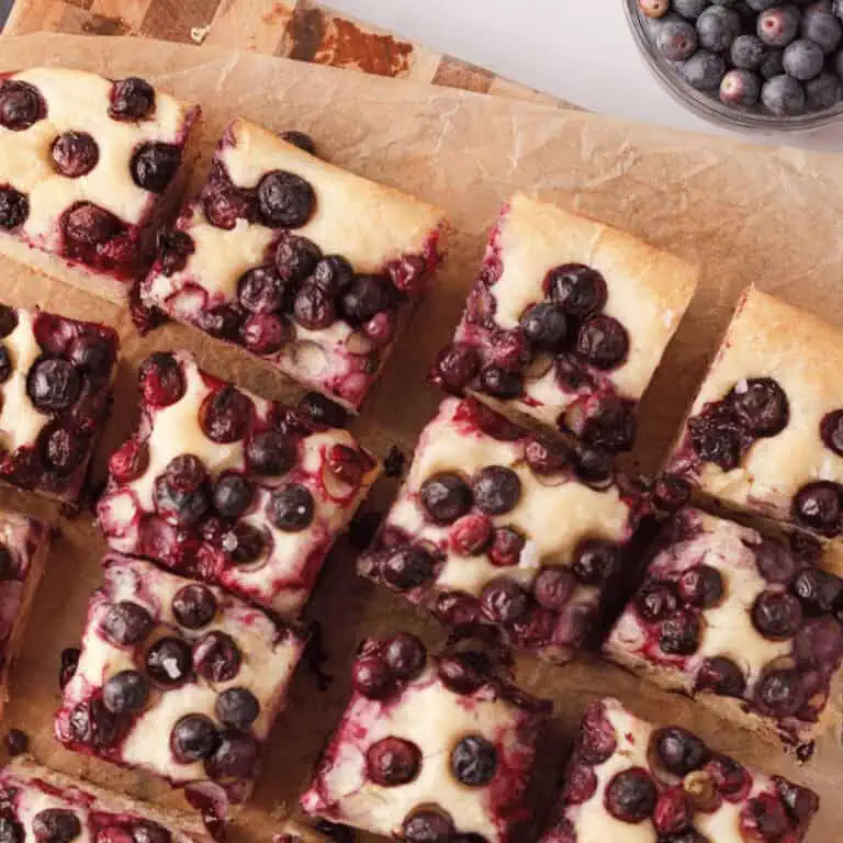 overhead image of sliced blueberry focaccia