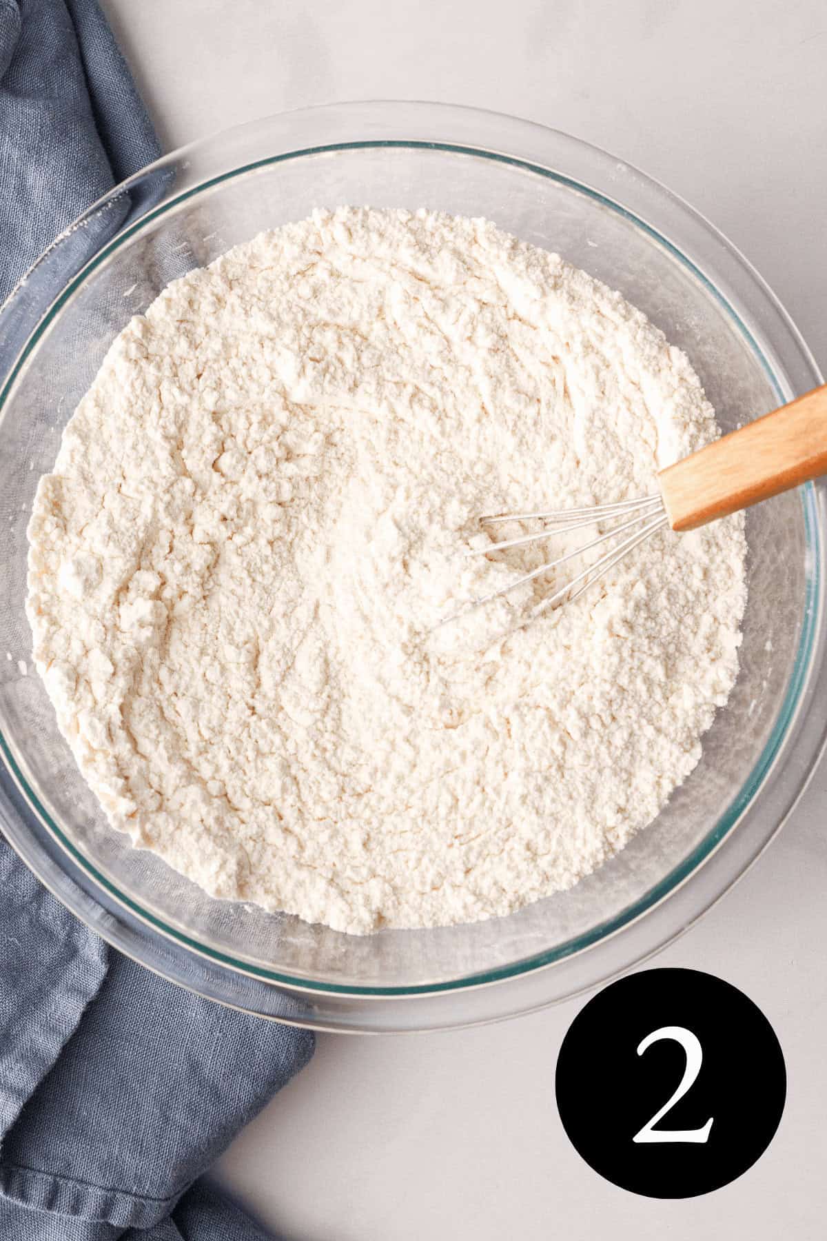 overhead image of whisked flour and salt in bowl