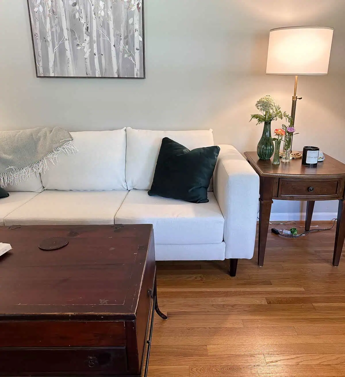 straight on image of right side of white couch next to end table